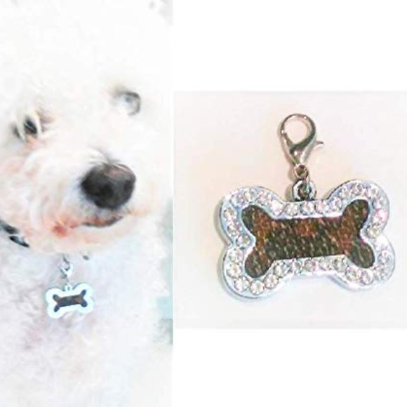 Dog Bone Crystal Charm w REPURPOSED Louie Vuitton Mongram for Dog Cat Pet People - Picture 1 of 6